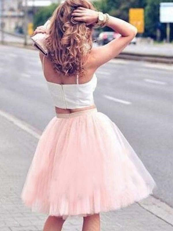 Wholesale A-Line/Princess Tulle Sleeveless Pleats Spaghetti Straps Knee-Length Two Piece Dresses